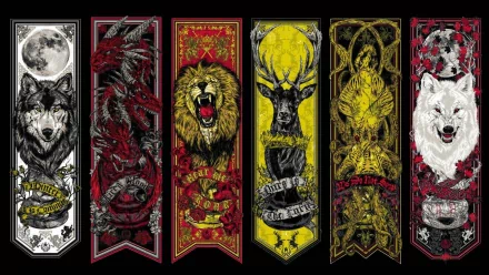 A striking Game of Thrones HD desktop wallpaper featuring vibrant house sigils, including a wolf, lion, dragon, and stag, surrounded by intricate designs and colors.