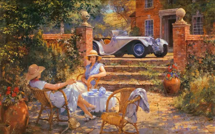 Two women relax at a table in a sunlit garden, surrounded by vibrant flowers and a classic car parked nearby, captured in an elegant artistic painting for HD desktop wallpaper.