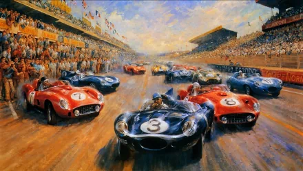 HD artistic painting of vintage race cars speeding on a crowded racetrack, capturing dynamic motion and vibrant colors, designed as a PC desktop wallpaper and background.