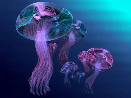 Artistic 3D HD PC desktop wallpaper featuring translucent, glowing jellyfish floating gracefully in a serene blue underwater scene.