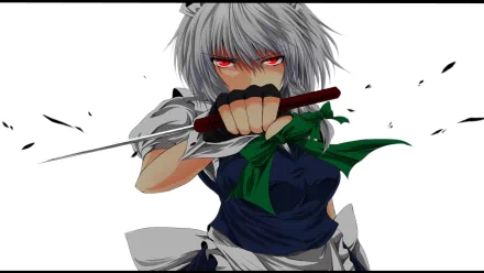 HD anime desktop wallpaper featuring Sakuya Izayoi from Touhou, holding a knife with intense red eyes and dynamic pose against a white background.