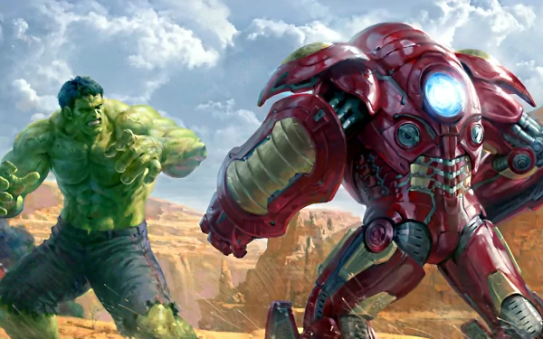 HD desktop wallpaper featuring an intense scene from Avengers: Age of Ultron, showcasing Hulk and Hulkbuster in a dramatic standoff against a mountainous background under a cloudy sky.