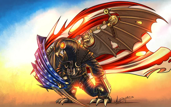 A vibrant HD PC desktop wallpaper inspired by Bioshock Infinite, featuring a character with a striking cape resembling the American flag, set against a colorful sky backdrop.
