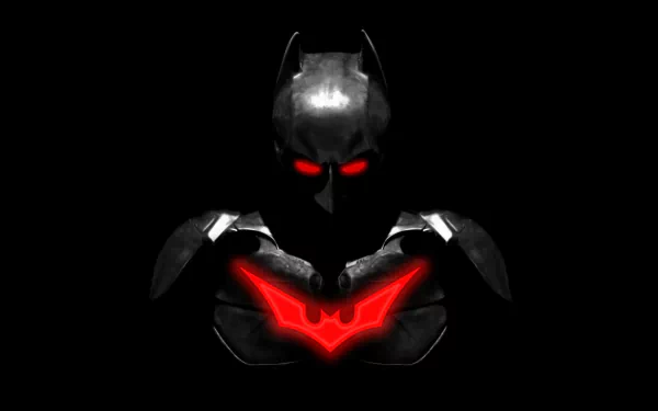 A striking HD wallpaper featuring Batman from Batman Beyond, showcasing his iconic dark armor and glowing red emblem against a black background.