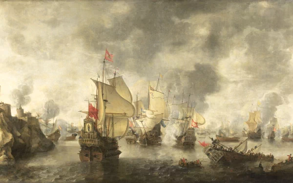 Artistic painting of a historic naval battle with sailing ships amid smoky skies, presented as a HD PC desktop wallpaper and background.