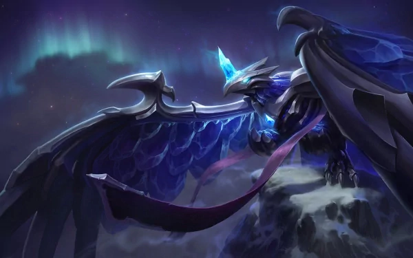 Anivia, the Cryophoenix from League of Legends, is depicted soaring with majestic wings against a backdrop of shimmering auroras in this HD PC desktop wallpaper.