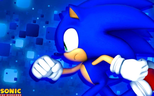 HD PC desktop wallpaper featuring Sonic the Hedgehog from the video game Sonic the Hedgehog 4: Episode I, with a dynamic blue pixelated background.
