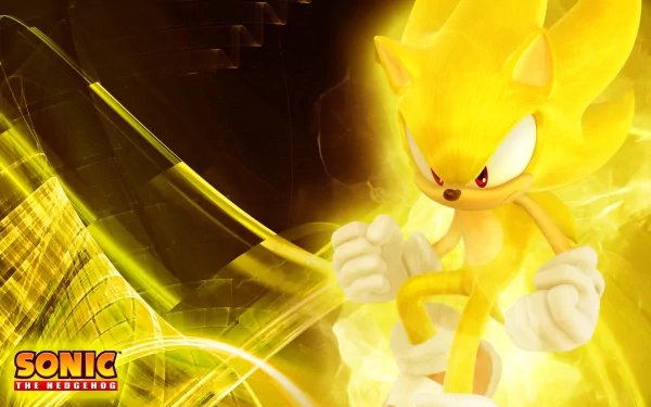 HD desktop wallpaper featuring Super Sonic from the Sonic the Hedgehog video game series, with vibrant yellow energy swirling around him.