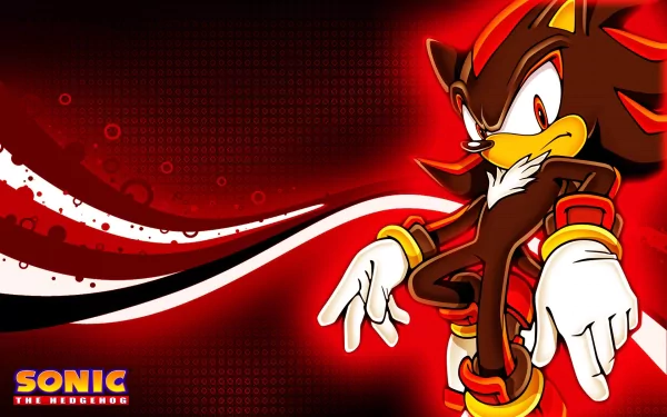 HD desktop wallpaper featuring Shadow the Hedgehog from the Sonic video game series, set against a dynamic red background with stylized graphics.