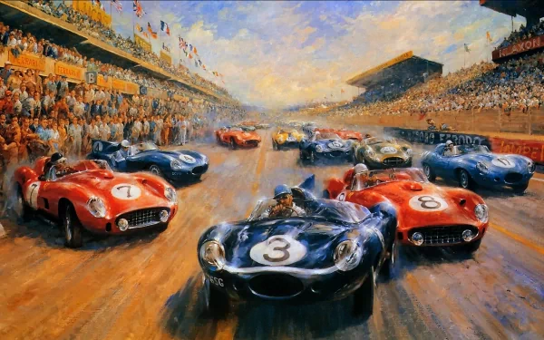 HD artistic painting of vintage race cars speeding on a crowded racetrack, capturing dynamic motion and vibrant colors, designed as a PC desktop wallpaper and background.