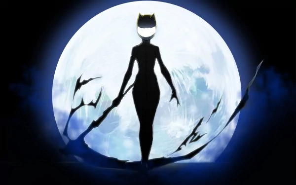 A striking HD wallpaper featuring Celty Sturluson from the anime Durarara!!, silhouetted against a luminous full moon, embodying an aura of mystery and intrigue.