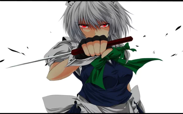 HD anime desktop wallpaper featuring Sakuya Izayoi from Touhou, holding a knife with intense red eyes and dynamic pose against a white background.