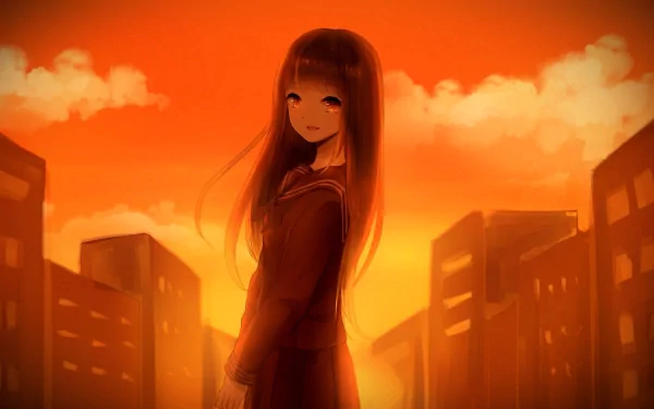 An anime girl stands against a vibrant sunset backdrop, with city buildings silhouetted in the foreground. This HD image makes a striking desktop wallpaper and background.