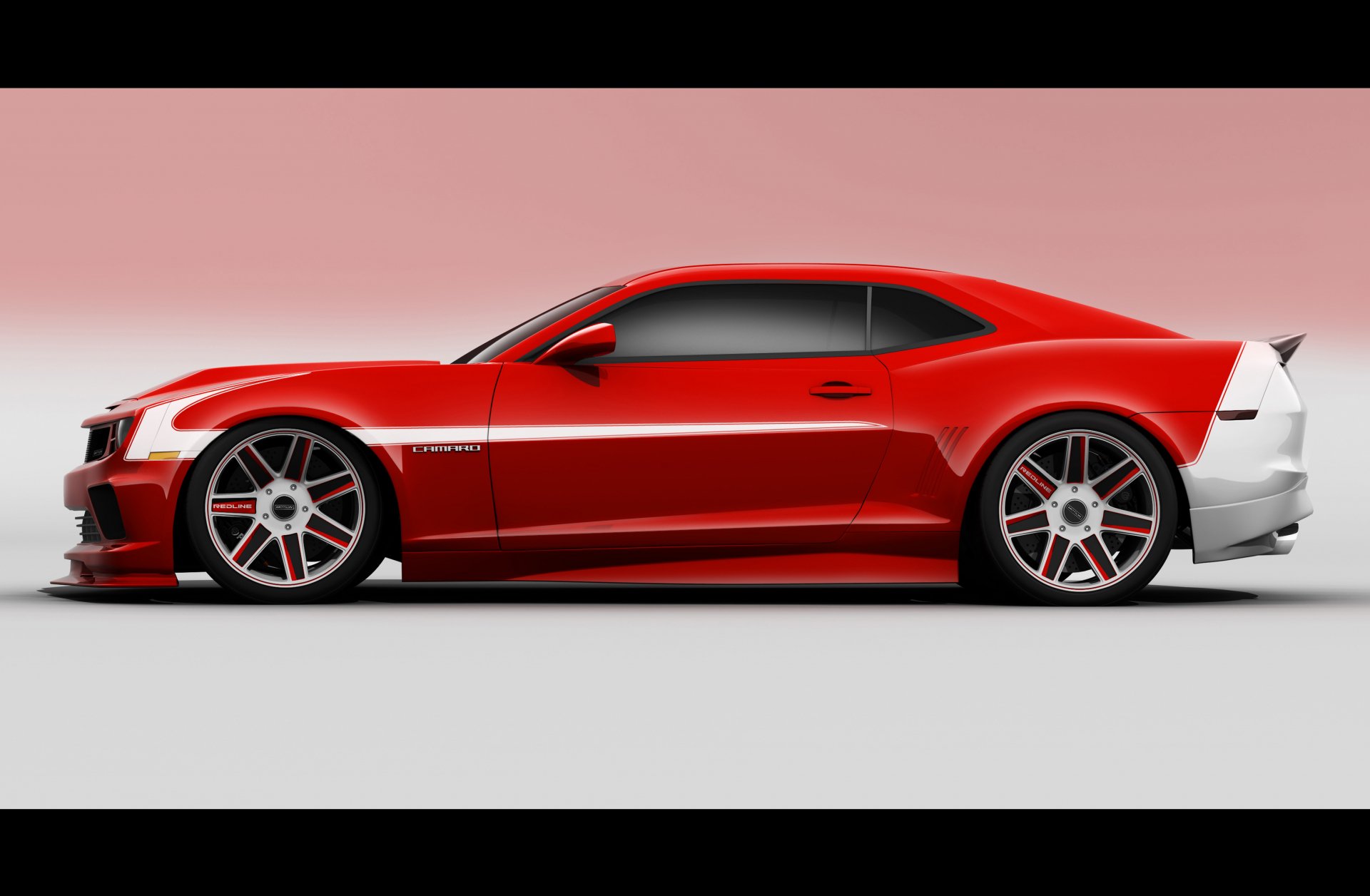 Red Chevrolet Camaro sports coupe in profile on a clean white-to-pink gradient background — 2K Quad HD PC desktop wallpaper.