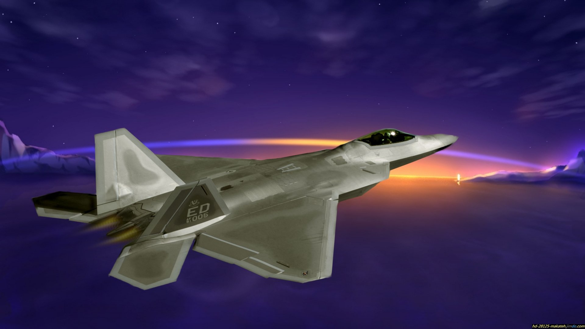 HD desktop wallpaper featuring a Lockheed Martin F-22 Raptor military jet aircraft soaring against a twilight sky backdrop.