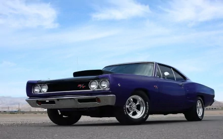 HD PC desktop wallpaper of a deep purple Dodge Coronet muscle vehicle parked on an open road under a bright blue sky.