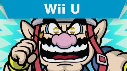 HD desktop wallpaper featuring a close-up of Wario from Game & Wario for the Wii U, with a vibrant blue background.