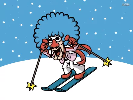 HD desktop wallpaper from Game & Wario featuring a cartoon character enthusiastically skiing against a snowy, starry backdrop.
