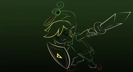 Minimalistic HD PC desktop wallpaper featuring Link and Ezlo from The Legend of Zelda: The Minish Cap in a dynamic, stylized outline against a dark background.