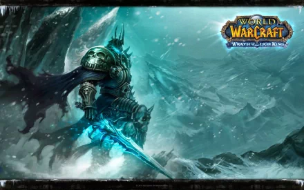 HD PC desktop wallpaper featuring the Lich King from the video game World of Warcraft: Wrath of the Lich King, set in a snowy, ominous landscape.