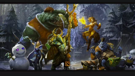 HD PC desktop wallpaper featuring DotA 2 heroes in a dark, mystical forest setting, showcasing iconic characters from the video game.