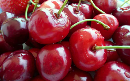 HD desktop wallpaper featuring a close-up of fresh, shiny red cherries clustered together as vibrant food imagery.