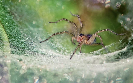 Close-up HD desktop wallpaper of a spider on a green, textured surface highlighting its detailed legs and body.