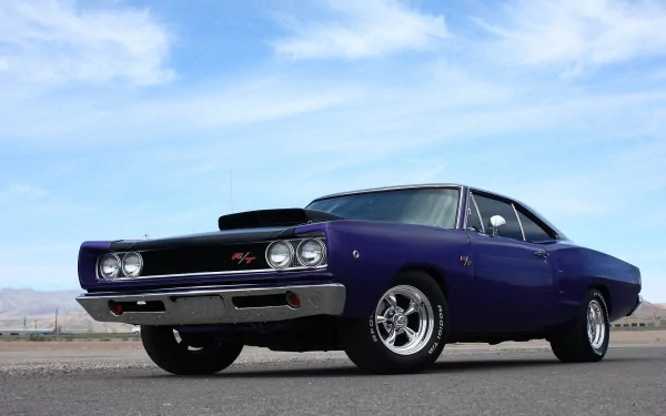 HD PC desktop wallpaper of a deep purple Dodge Coronet muscle vehicle parked on an open road under a bright blue sky.