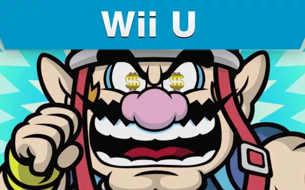 HD desktop wallpaper featuring a close-up of Wario from Game & Wario for the Wii U, with a vibrant blue background.