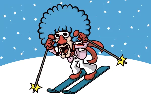 HD desktop wallpaper from Game & Wario featuring a cartoon character enthusiastically skiing against a snowy, starry backdrop.