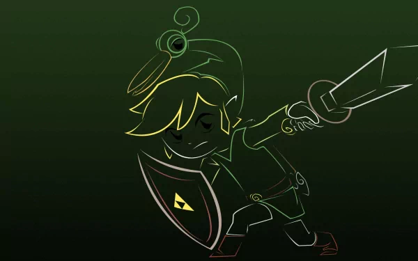 Minimalistic HD PC desktop wallpaper featuring Link and Ezlo from The Legend of Zelda: The Minish Cap in a dynamic, stylized outline against a dark background.