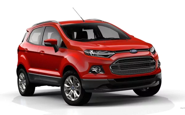 Red Ford EcoSport compact SUV, three-quarter front view on white background — HD PC desktop wallpaper/background.