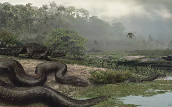 HD PC wallpaper featuring a titanoboa in a prehistoric swampy landscape with lush vegetation and misty atmosphere, showcasing a massive ancient snake.