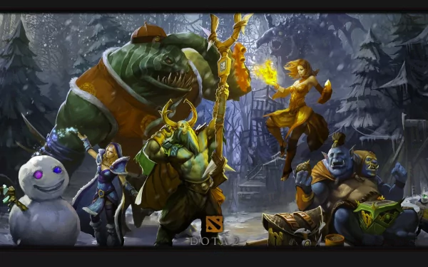 HD PC desktop wallpaper featuring DotA 2 heroes in a dark, mystical forest setting, showcasing iconic characters from the video game.