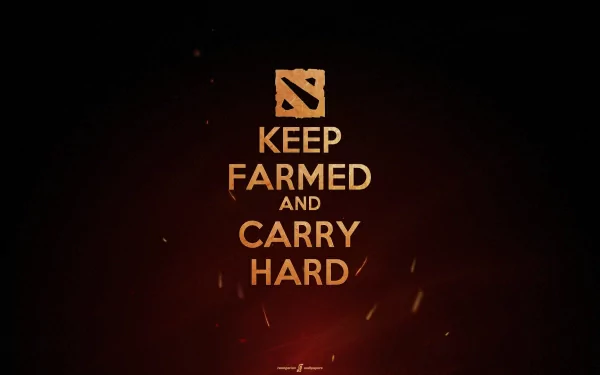 HD wallpaper with a DotA 2 theme, featuring a dark background and the bold text KEEP FARMED AND CARRY HARD in the center.