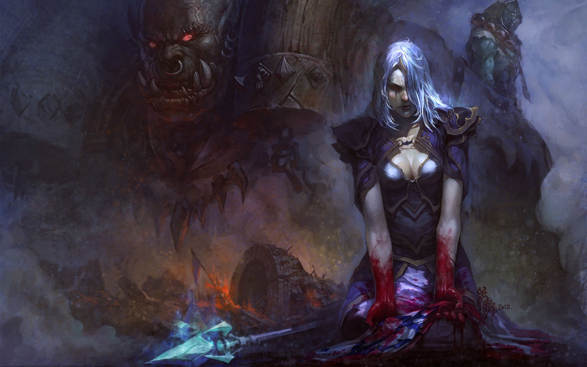 A dramatic HD wallpaper from World of Warcraft, featuring a haunting figure with bloodied hands amidst dark, ominous figures and a chaotic background, capturing the game's intense atmosphere.