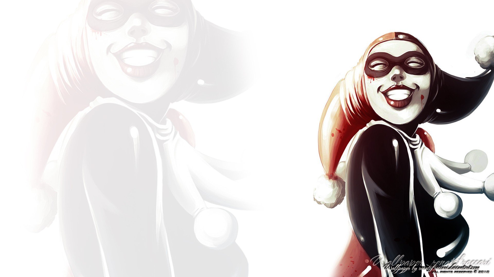 Comic-style Harley Quinn in a black-and-red jester suit, grinning at right with a faded mirrored image to the left on a white backdrop — HD PC desktop wallpaper/background.