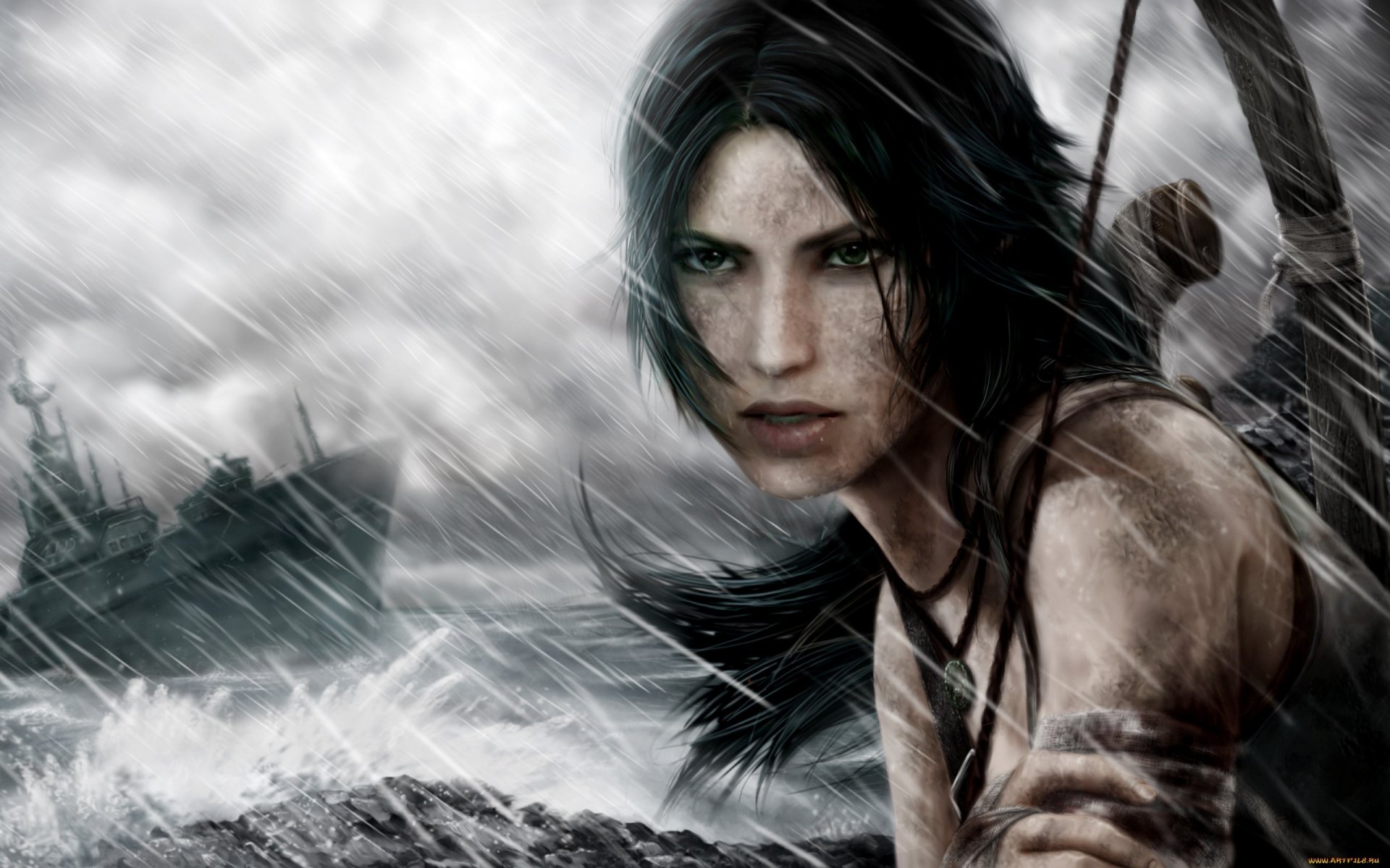 A dramatic HD wallpaper featuring Lara Croft from the Tomb Raider video game, set against a stormy sea backdrop with intense waves and a distant ship.