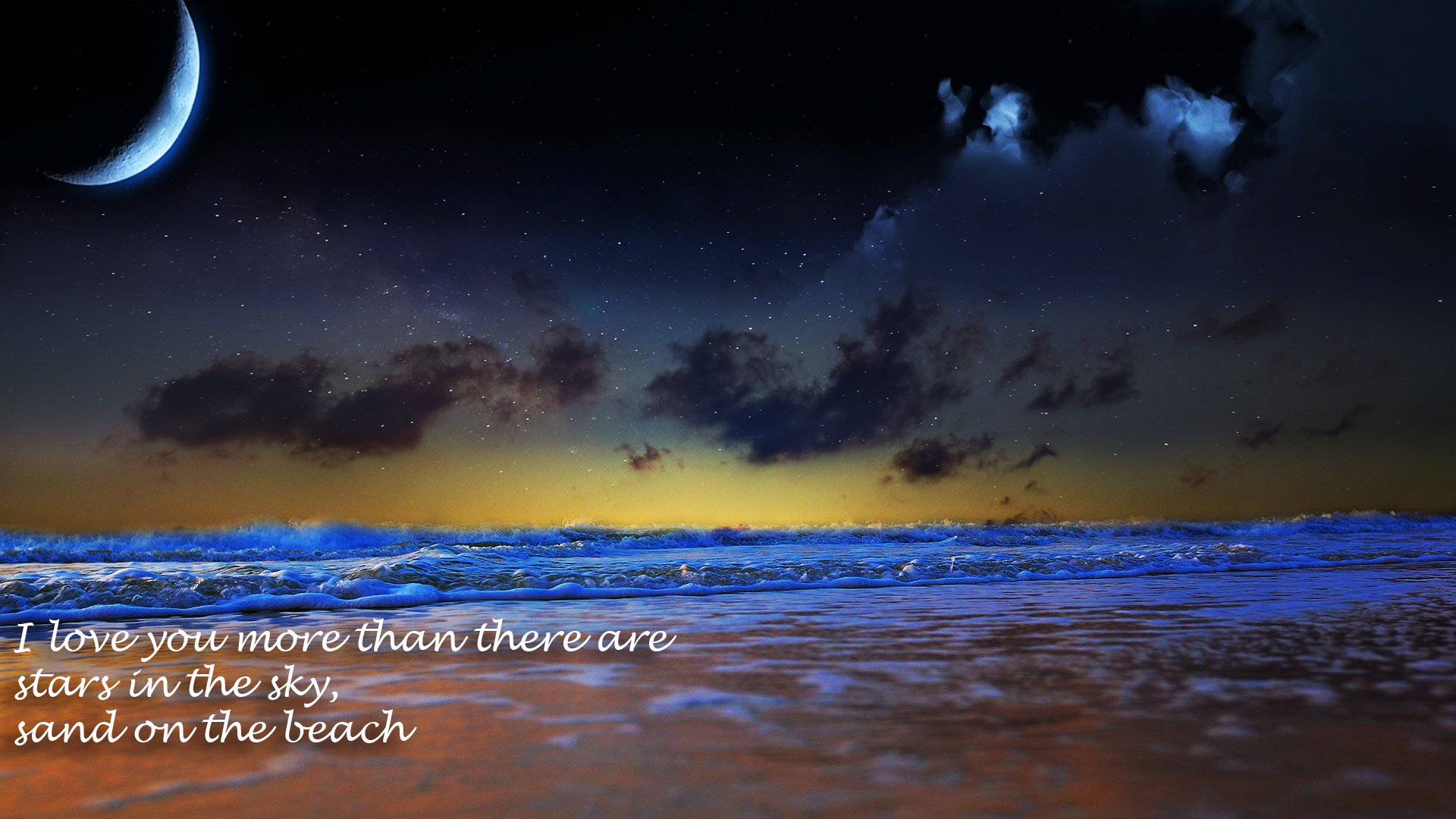 A serene beach scene at dusk, featuring gentle waves, a starry sky, and a crescent moon, accompanied by the romantic phrase about love, creating an artistic HD wallpaper.