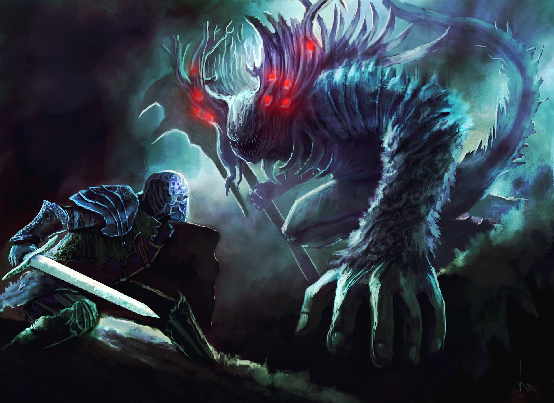 HD desktop wallpaper featuring a Dark Souls video game scene with a knight facing a menacing, red-eyed beast in a dramatic, dark fantasy setting.