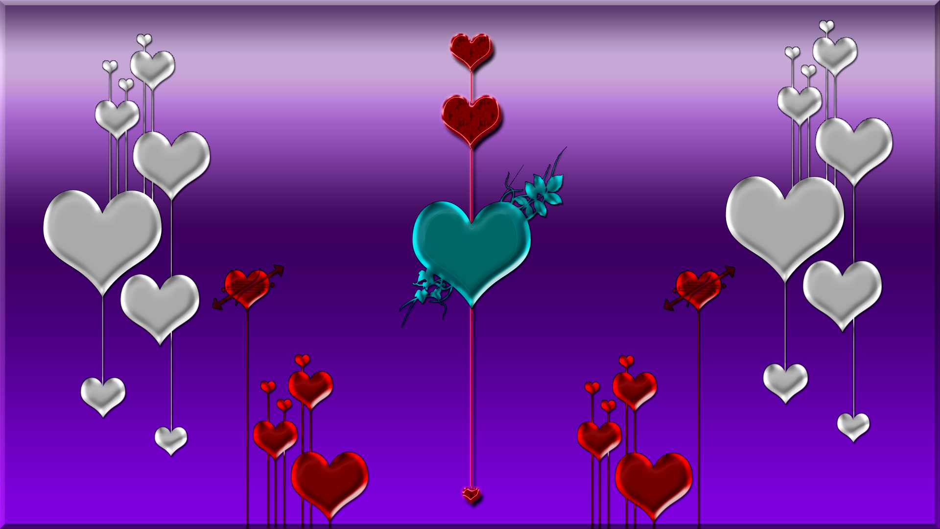 A vibrant HD wallpaper featuring artistic hearts in various shades, set against a rich purple background, creating a visually striking design.