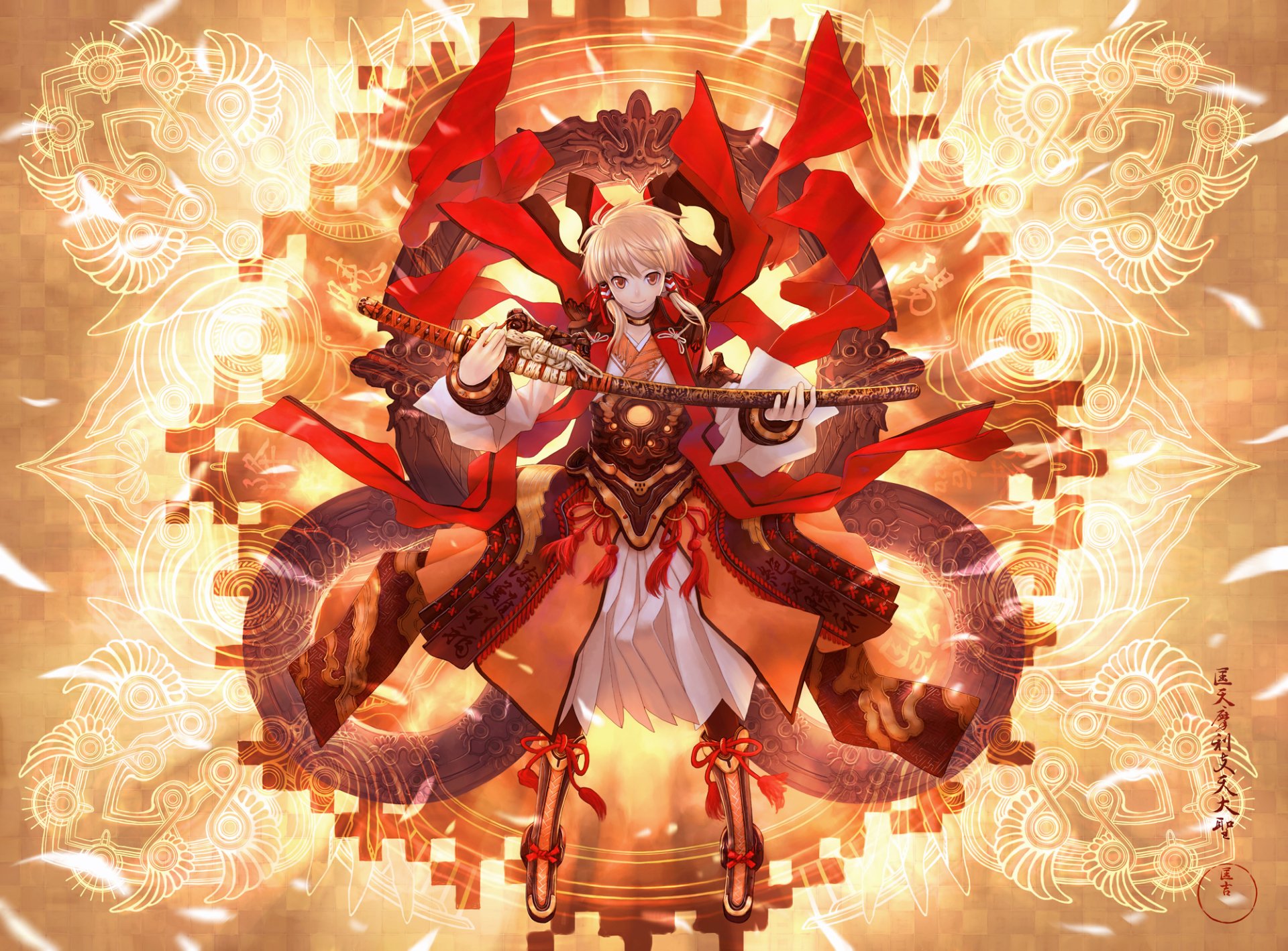 A stunning HD anime wallpaper featuring an original character adorned in red, holding a traditional instrument, surrounded by intricate patterns and warm, glowing colors.