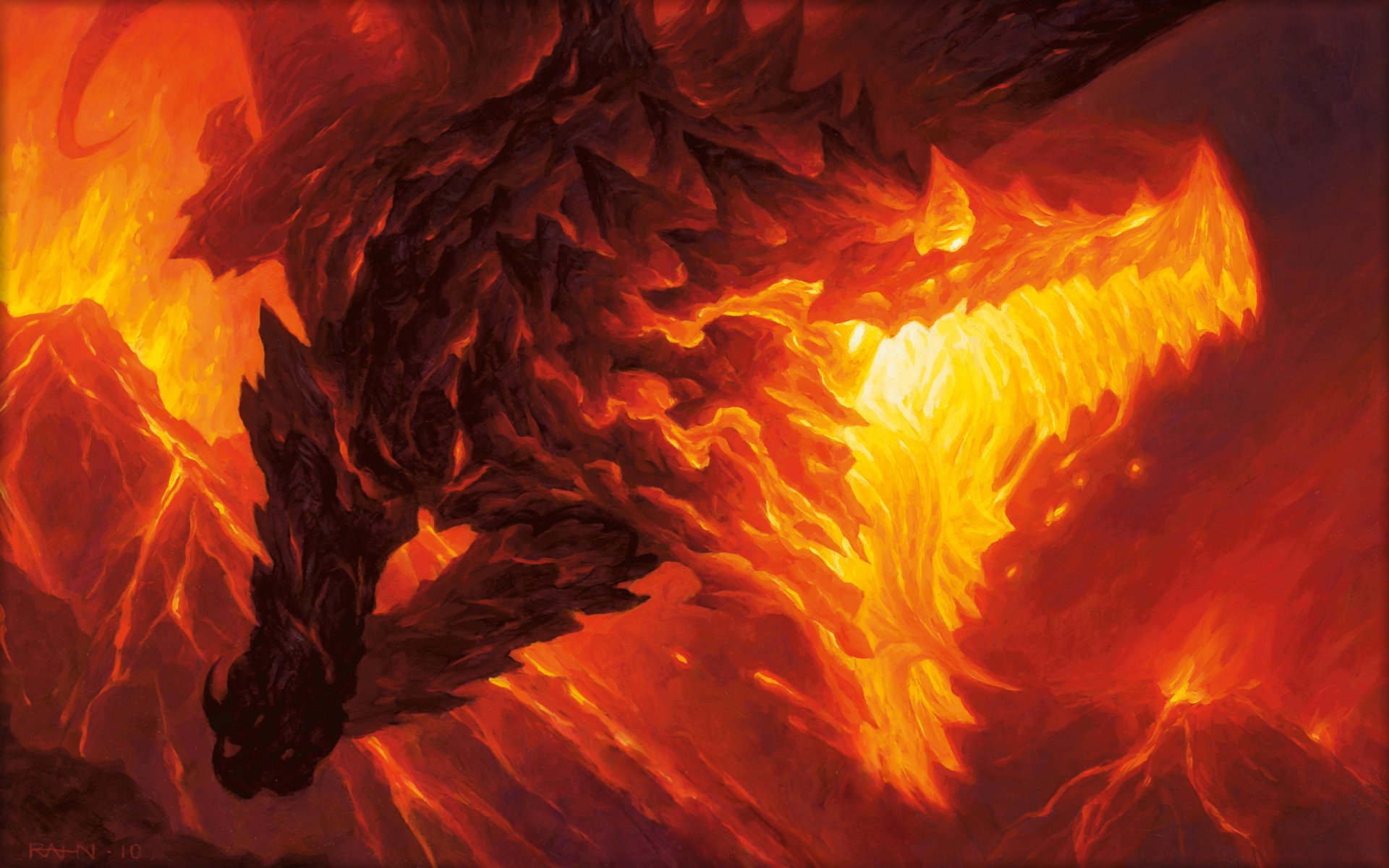 Fiery lava dragon with glowing maw and jagged volcanic scales rising from molten rock — man-made Magic: The Gathering 2K Quad HD PC desktop wallpaper/background.