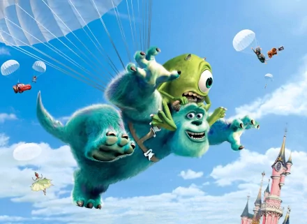 James P. Sullivan and Mike Wazowski from Monsters University soar through a blue sky, parachuting among clouds and whimsical characters, in this vibrant HD desktop wallpaper.