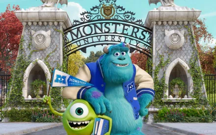 HD wallpaper of James P. Sullivan and Mike Wazowski from Monsters University, standing at the university's ornate gate.