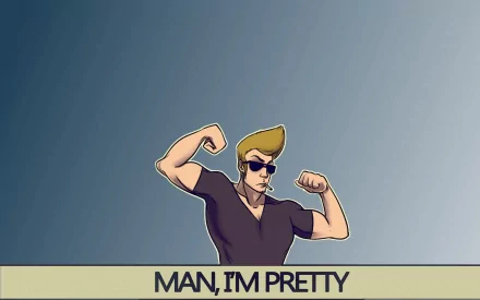 HD PC desktop wallpaper of TV show character Johnny Bravo flexing in sunglasses, captioned MAN, I'M PRETTY on a blue gradient background.