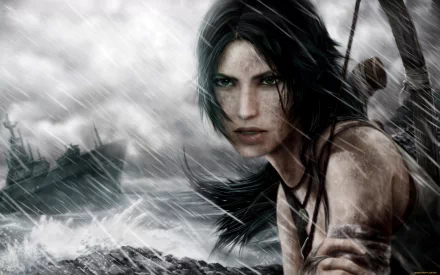 A dramatic HD wallpaper featuring Lara Croft from the Tomb Raider video game, set against a stormy sea backdrop with intense waves and a distant ship.