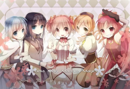 A vibrant HD wallpaper featuring the main characters from Puella Magi Madoka Magica: Sayaka Miki, Mami Tomoe, Kyōko Sakura, Madoka Kaname, and Homura Akemi.