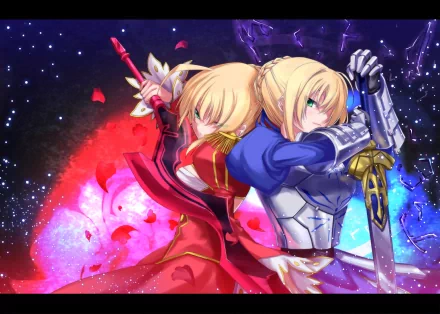 HD desktop wallpaper featuring Red Saber and Saber from Fate/Grand Order, showcasing a dynamic and vibrant anime artwork with striking colors and intricate details.