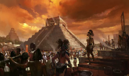 4K Ultra HD Civilization V desktop wallpaper depicting an ancient civilization with a large pyramid under a dramatic orange sky.
